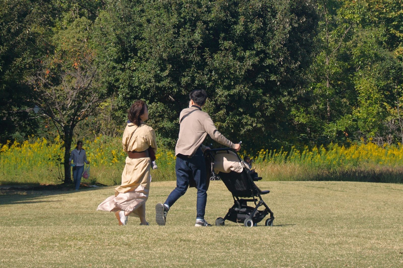 Couple walking across a park pushing a pushchair